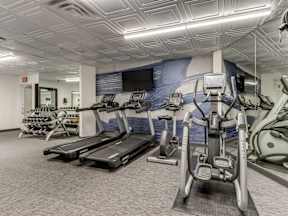 A gym with treadmills, elliptical machines, and other exercise equipment.