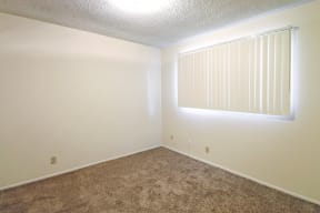 A empty room with a window and carpeting.