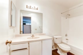 A bathroom with a sink toilet and a mirror.