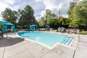 a swimming pool with chairs and umbrellas and trees at Alta Vista, Escondido, CA