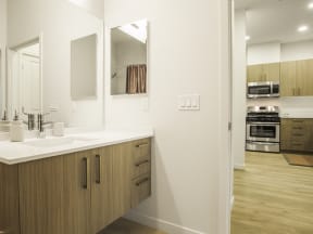 Bathroom across kitchen at MODE, California, 94403