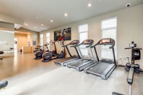 Treadmills in fitness center at MODE, San Mateo, California