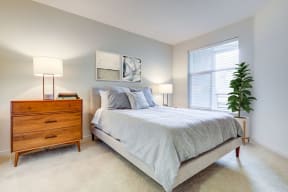 Bedroom with large window at MODE, San Mateo, CA