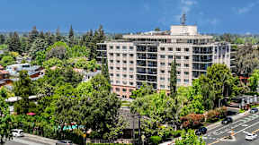 A large building with a flat roof is surrounded by trees and is located on a street with cars.