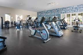 A gym with a variety of equipment including treadmills, stationary bikes, and weight machines.