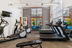 Fitness center with treadmills and exercise equipment at Mullan Reserve Apartments, Missoula, MT