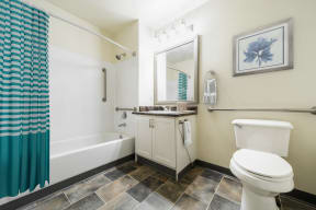 a bathroom with a white toilet and a blue shower curtain at Mill Pond Apartments, Auburn