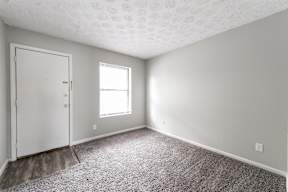 an empty room with carpet and a door