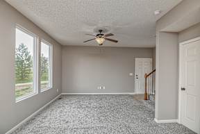A room with a ceiling fan and carpeted floor.