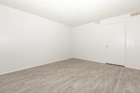 A room with a wooden floor and a white door.