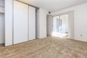 A room with white walls and a carpeted floor with a sliding glass door.