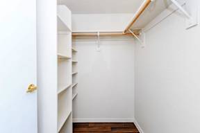 A white closet with a door and shelves.