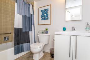 A bathroom with a toilet, sink, and shower.