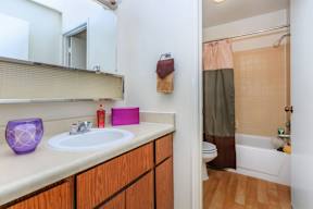 A bathroom with a white sink and a purple vase.