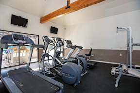 A gym with treadmills, exercise bikes, and a television.