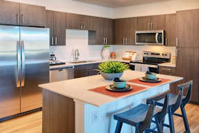 A modern kitchen with a stainless steel refrigerator, wooden cabinets, and a white island with a potted plant on top.