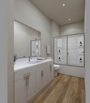 A modern bathroom with a white sink and wooden floor.