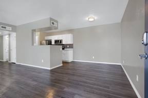 A kitchen area with a countertop and cabinets is visible through a mirror.