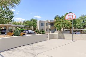 A basketball hoop is in the middle of a concrete area.