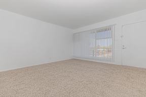 A room with a carpeted floor and a window with blinds.