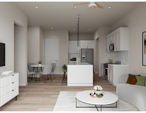 A modern kitchen with white cabinets and a dining table with four chairs.