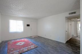 A room with a rug on the floor and a window with blinds.