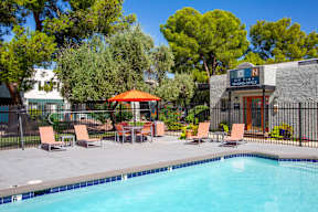 A pool area with chairs and a tree.