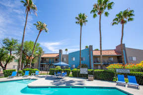 A pool surrounded by palm trees and a caution sign.