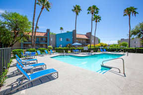 A pool surrounded by palm trees and sun loungers.
