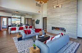 A modern living room with a fireplace and a grey couch.