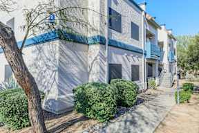 A white building with a blue stripe and a tree in front.