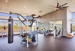 Fitness center with  cable machine.