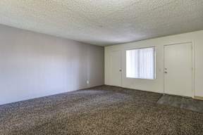 A room with carpeted floor and two white doors.