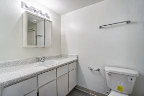 A white bathroom with a sink, mirror, and toilet.