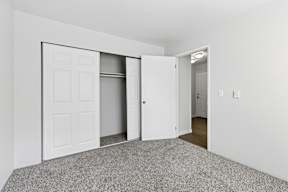 A room with a carpeted floor and a white door.