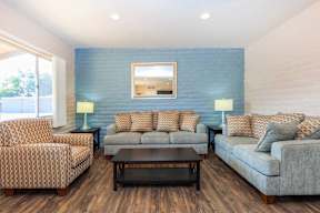 A living room with a blue wall and a grey couch.
