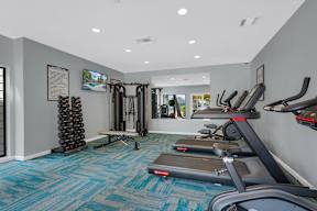 A gym with treadmills, weights, and exercise equipment.