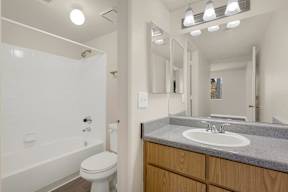 A bathroom with a toilet, sink, and mirror.