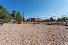 A sandy playground with red and blue swings and a basketball hoop.