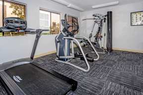 A treadmill and a stationary bike are in a room with a window.