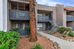 A tree stands in front of a building with a balcony.