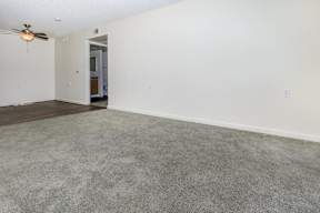 A room with a carpeted floor and a ceiling fan.