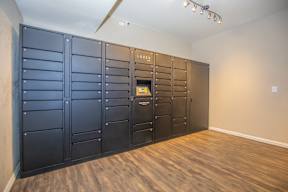 A room with a row of lockers and a sign that says "U-VIX".