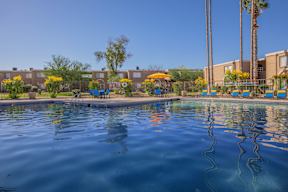 A swimming pool with a reflection of the surrounding area.