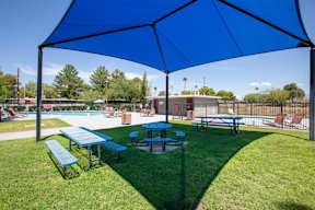 A blue canopy is over a picnic table and two benches.