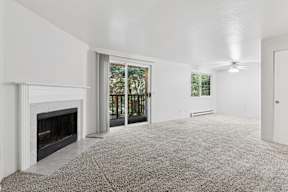 A living room with a fireplace and a carpet.