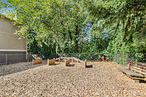 A backyard with a gravel ground and a wooden bench.