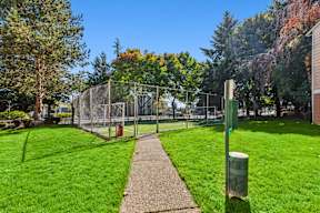 A green pole stands in a grassy area next to a concrete walkway.