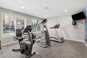 A spacious home gym with a treadmill, elliptical trainer, and stationary bike.