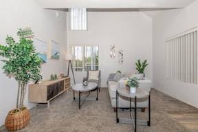 A living room with a grey sofa, a white coffee table, and a green plant.